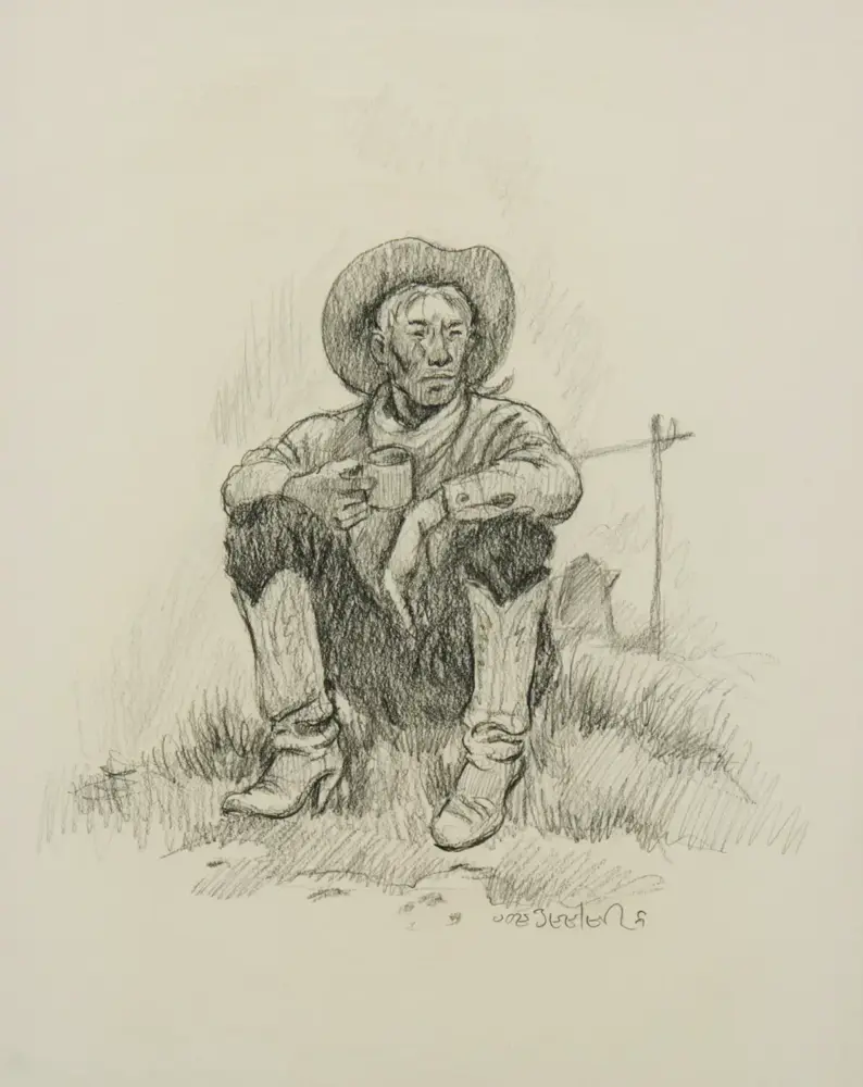 Old man in a wide-brimmed hat sits on grass, holding a mug with arms resting on his knees.