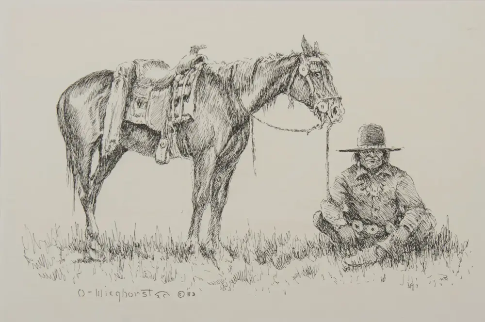 Pen-and-ink sketch of a horse with a saddle standing beside a man wearing a wide-brimmed hat, in a grassy field.