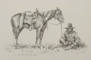 Pen-and-ink sketch of a horse with a saddle standing beside a man wearing a wide-brimmed hat, in a grassy field.