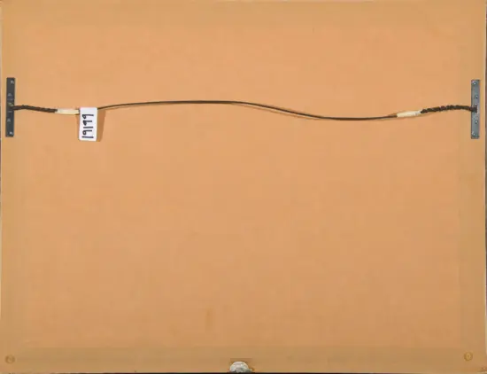 Back of a wooden-framed artwork with a metal hanging wire stretched between two wall-mount brackets and a tag marked '1919' attached to the wire side.