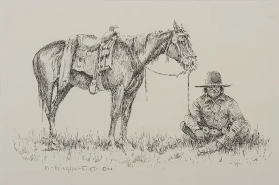 Pen-and-ink sketch of a horse with a saddle standing beside a man wearing a wide-brimmed hat, in a grassy field.