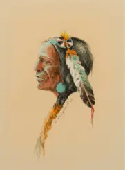 Profile illustration of a Native American man with a feathered headdress and braid, facing left.