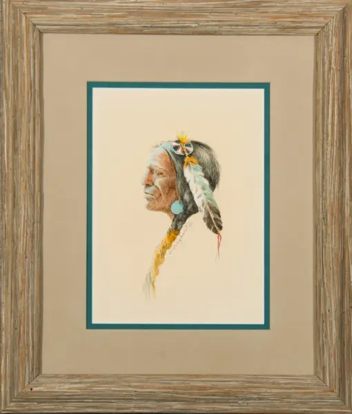 Profile of a Native American man in a feather headdress, color sketch inside a teal mat, framed by a weathered wood frame.