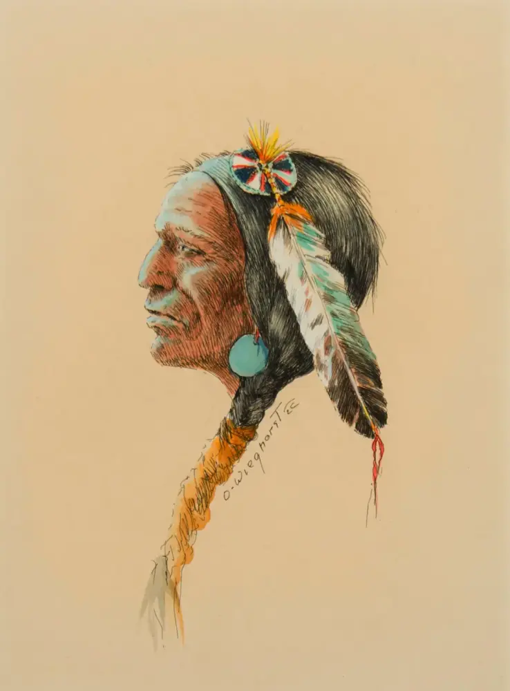 Profile illustration of a Native American man with a feathered headdress and braid, facing left.