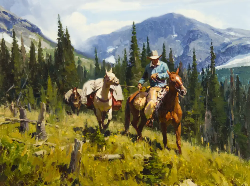 Cowboy on a horse riding through a pine forest with distant mountains in the background (oil painting).