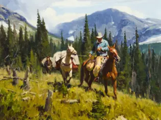Cowboy on a horse riding through a pine forest with distant mountains in the background (oil painting).