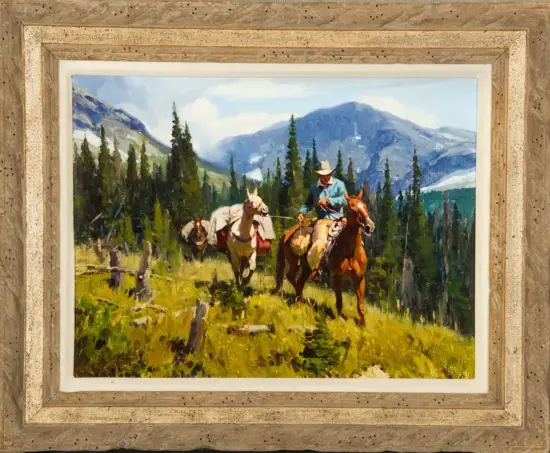 Cowboys riding horses through a pine forest with a mountain backdrop; a blue-sky landscape painting in a rustic frame.