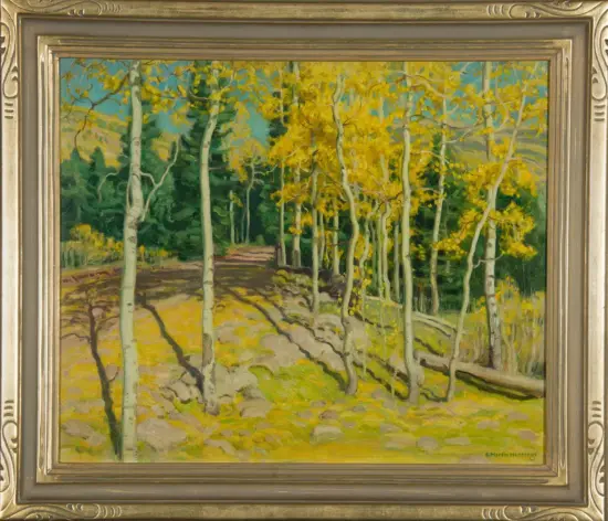 Autumn forest path with white-barked aspen trees and golden foliage in a sunlit scene, framed painting.