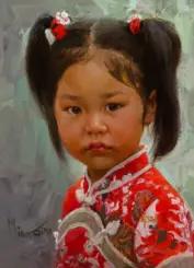 Portrait of a young girl with two high pigtails, wearing a red floral traditional dress, set against a light green abstract background.