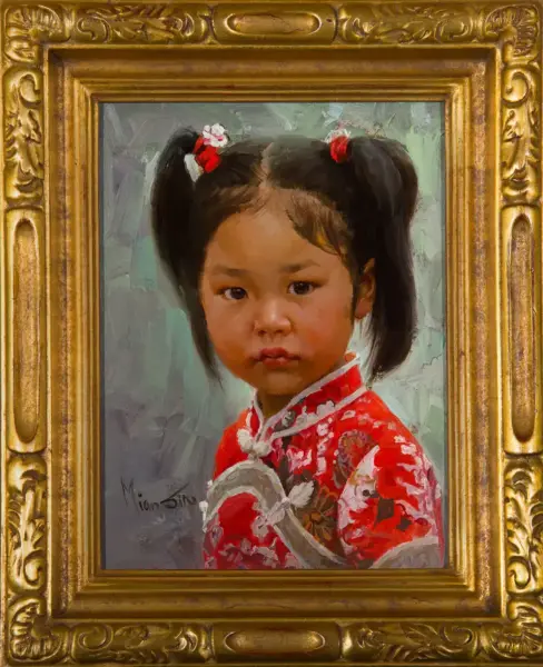 Portrait of a young Asian girl with two pigtails and red ribbons, wearing a red floral qipao, framed in a gold ornate frame.