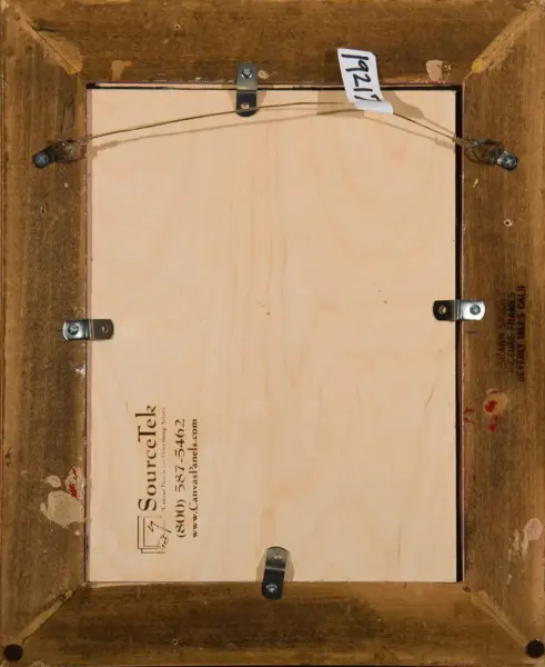 Back of a framed wooden artwork with a hanging wire, metal brackets, and a labeled panel showing vendor information.