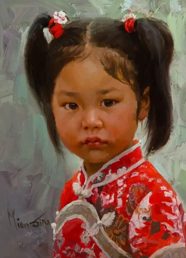 Portrait of a young girl with two high pigtails, wearing a red floral traditional dress, set against a light green abstract background.