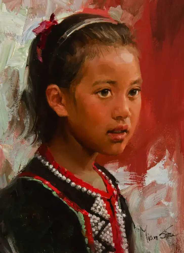 Portrait of a young girl wearing a beaded necklace and traditional red-trimmed dress, against a red painterly background.