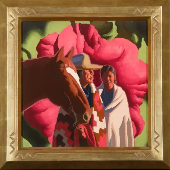 Painting of a brown horse with a patterned blanket, two people in traditional clothing beside it, set against a large pink flower background in a gold frame.