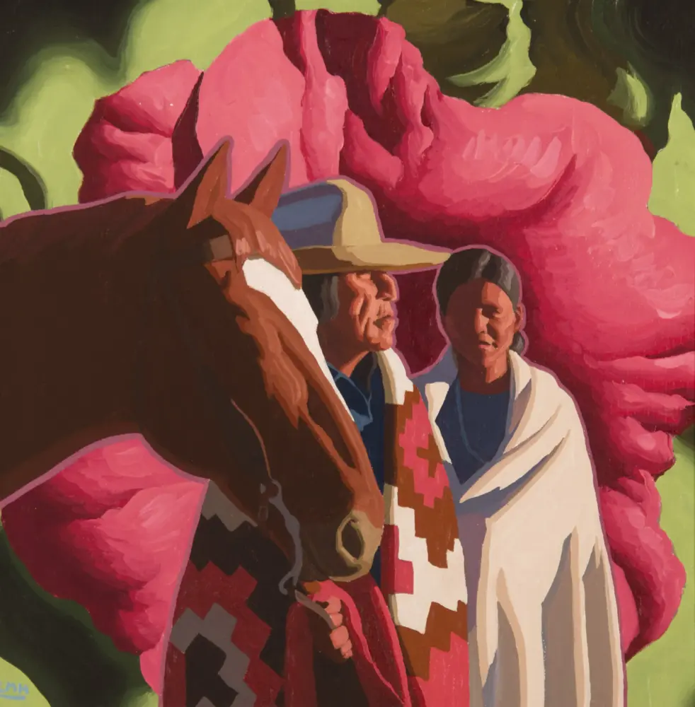 Abstract painting with bold pink shapes suggesting petals and a partially visible figure wearing a hat against a bright green background.