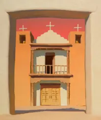Sunset-toned adobe church facade with two towers, three crosses, a central pediment, and a balcony over a double door.