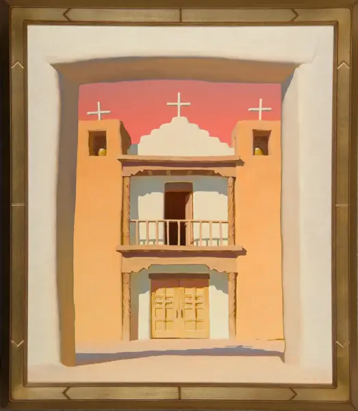 Framed painting of a mission-style adobe church with twin bell towers, central balcony, and white crosses against a pink sunset sky.