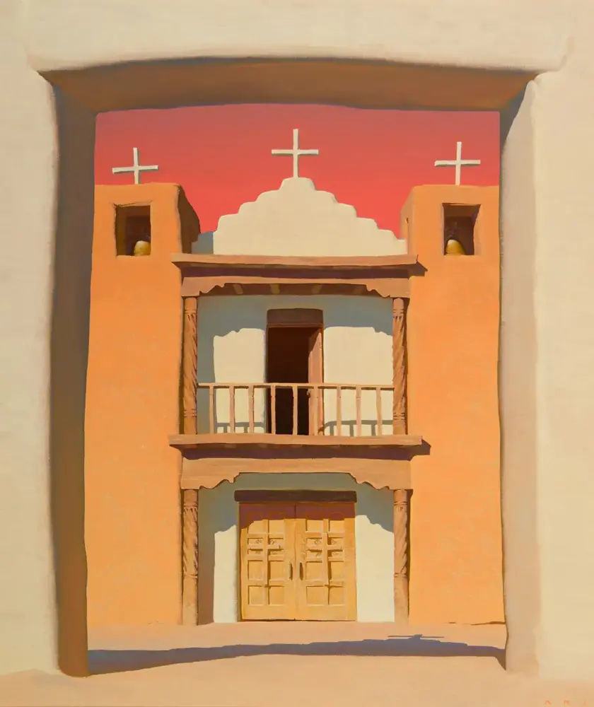 Sunset-toned adobe church facade with two towers, three crosses, a central pediment, and a balcony over a double door.