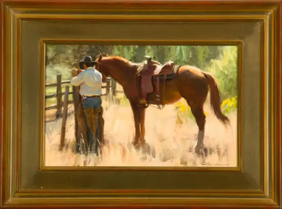 Framed painting of a man in a cowboy hat with a brown horse by a wooden fence in a sunlit pasture