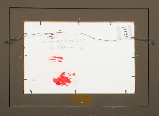 Back view of a framed artwork with hanging wire, white matboard showing red paint splotches and pencil notes; label reads 19250.
