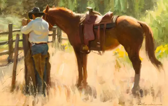 Impressionist painting of a man in a light shirt and hat standing by a wooden fence with two brown horses on a sunlit path.