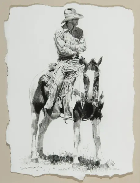 Cowboy in a wide-brim hat sits upright on a saddled horse, arms crossed, with a coiled lariat at the saddle.