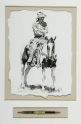 Framed black-and-white sketch of a cowboy in a wide-brimmed hat riding a horse, mounted on a beige mat; a pencil is displayed in a separate frame below.