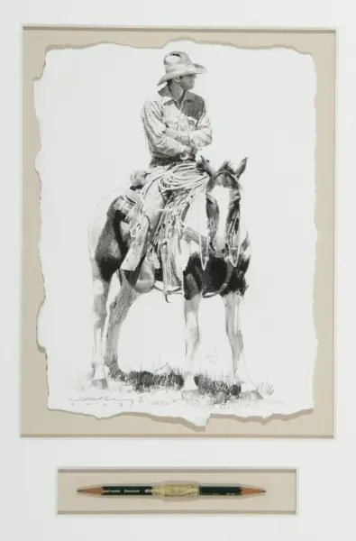 Black-and-white sketch of a cowboy on a horse, wearing a wide-brimmed hat, framed on a light mat.