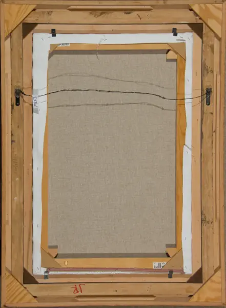 Back of a stretched canvas on a wooden stretcher with a hanging wire across the frame and metal fasteners.