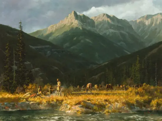 Mountain valley camp: hikers and horses by a river under towering peaks within a pine forest.