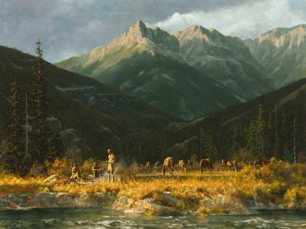 A mountain valley scene at dusk with a campfire and hikers near a river, horses grazing nearby, pine trees lining the shore.