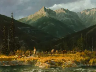 Mountain valley campground: people sit by a campfire with horses grazing, tall evergreen trees, and rugged peaks in the distance under a cloudy sky.