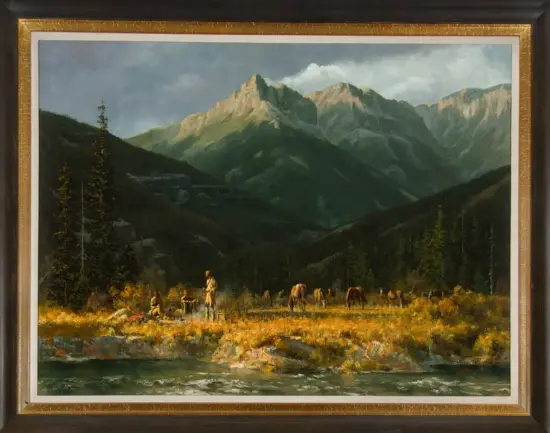 Framed landscape painting of a sunlit alpine meadow in a mountain valley, with people camping and horses grazing, and tall peaks in the distance.