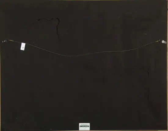Back of a framed picture showing a hanging wire connected to hooks on both sides, with a white tag on the left and a small label at the bottom. Cracks in the backing are visible.