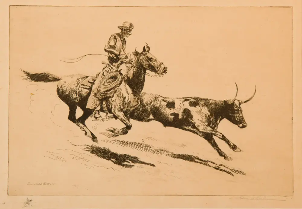 Cowboy on a horse roping a longhorn steer through a dusty landscape.