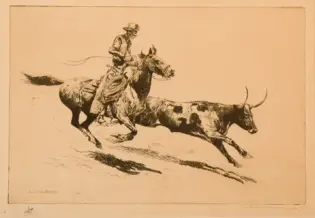 Cowboy on a horse roping a longhorn steer through a dusty landscape.