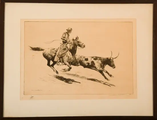 Cowboy on a galloping horse attempting to rope a charging bull in a framed sketch