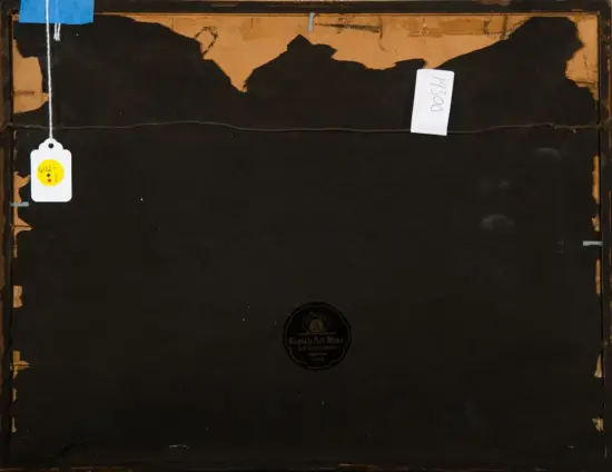 Back of a framed artwork showing dark, worn surface with taped corners, hanging tags, and a string across the top edge.