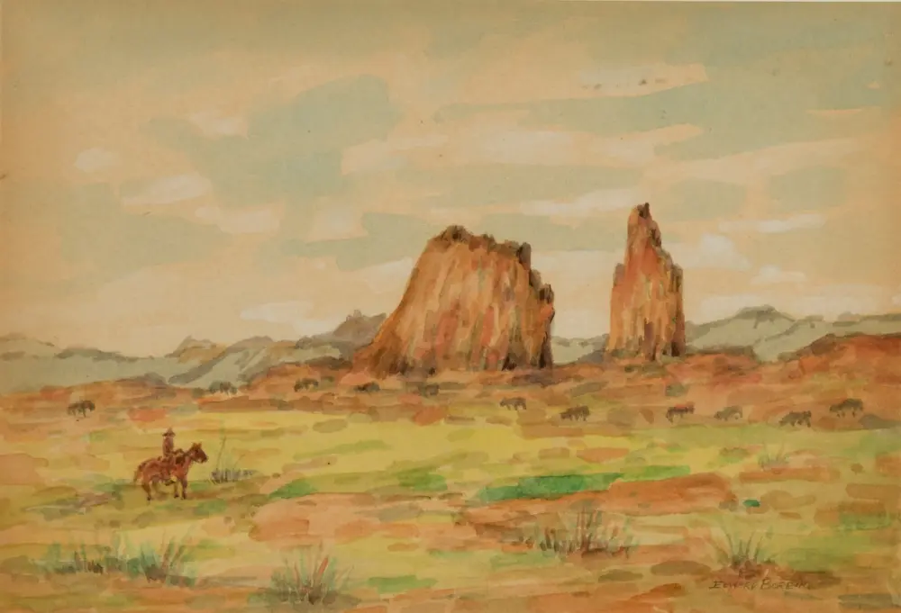 Desert landscape painting with two tall rock formations and a lone rider on horseback in the foreground.