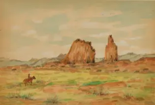 Desert landscape painting with two tall rock formations and a lone rider on horseback in the foreground.