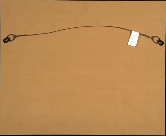 Long black wire with metal clamps at both ends on a brown background; a white tag reads 1801.