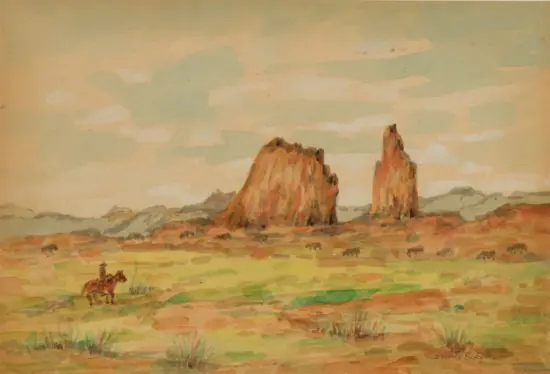Desert landscape painting with two tall rock formations and a lone rider on horseback in the foreground.