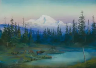 Snowy mountain behind a dense evergreen forest and a calm river; a small herd of elk grazing in the foreground.