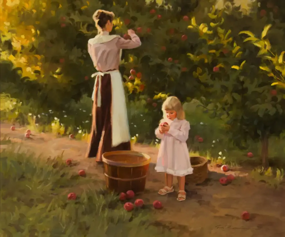 Woman in an apron picking apples from a tree while a young girl in white holds an apple; baskets on the ground.