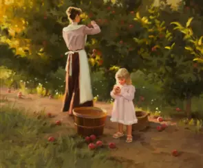 Woman in an apron picking apples from a tree while a young girl in white holds an apple; baskets on the ground.