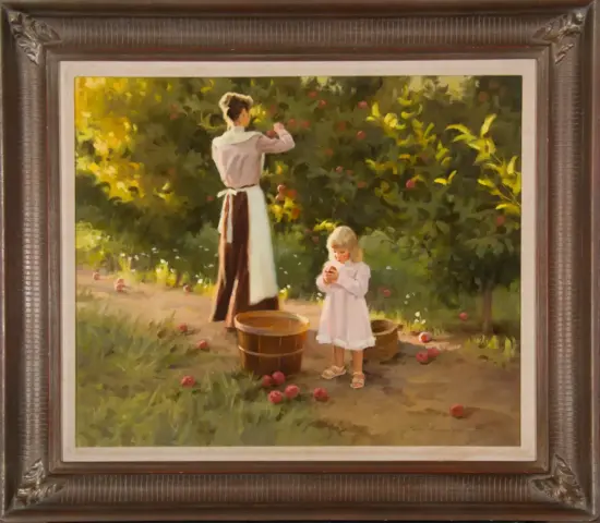 A woman in a long apron picking apples while a young girl collects fruit in an orchard with baskets nearby, bathed in warm sunlight.