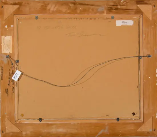 Back of a framed painting, showing a wooden frame, cardboard backing, hanging wire, and several labels/stickers on the edges.
