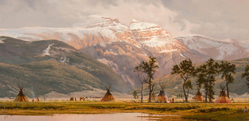 Landscape painting of a mountain valley with snow-capped peaks, tipis, and a few people and horses at ground level in a camp setting.