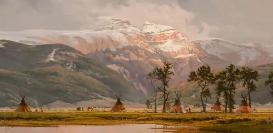 Snow-dusted mountains rise behind a grassy plain with a Native American tipi camp in the foreground; horses and people nearby.