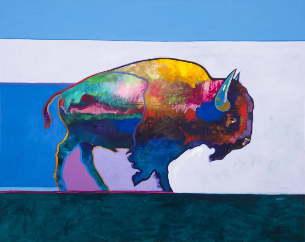 Abstract rainbow-colored bison silhouette across a white and blue backdrop in a bold, geometric painting style.